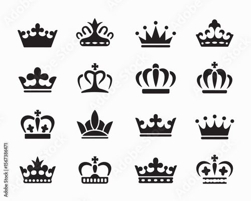 Regal crown vector illustration set, showcasing different styles, perfect for royal, luxury, and nobility themes. Ideal for monarchy-related designs, these crowns symbolize kingdom, empire, and throne