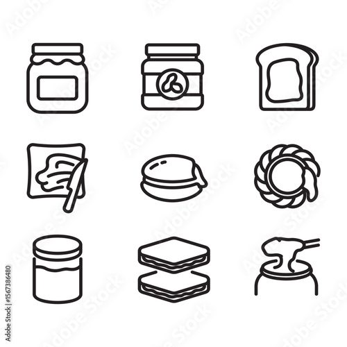 Jam product icons collection. Thin line style vectors. Contains icons of jam jars, jam bread and more.