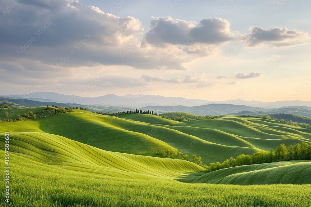 Obraz premium Peaceful rolling green hills landscape with soft evening light and dramatic sky, perfect for conveying calm, natural beauty and serene countryside atmosphere