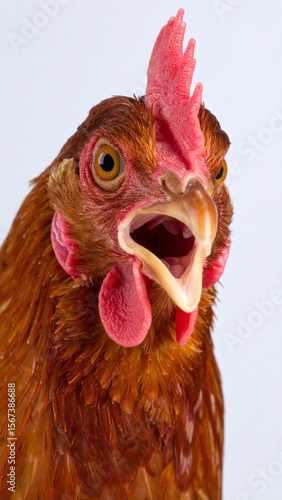 Portrait of a chicken with shocked wide open eyes and beak isolated on white background