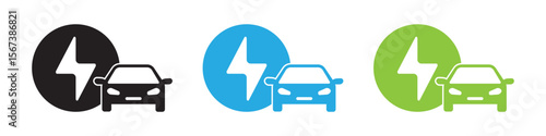 Electric vehicle charging icons. EV car with lightning bolt for sustainable transport