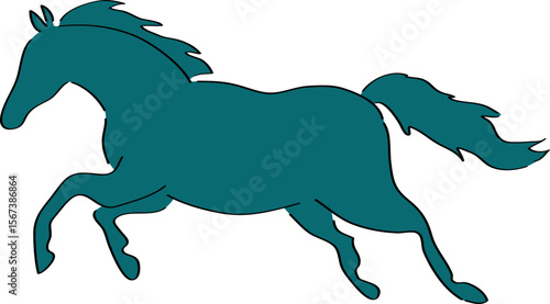 Silhouette of a galloping horse in dark blue color side view, hand drawn with a black brush