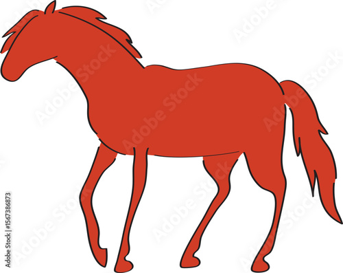 Silhouette of a calmly standing horse in brown color, hand drawn with a black brush