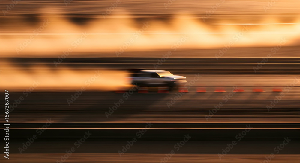 Obraz premium Blurred Motion Of Car Drifting Through A Track On Asphalt During Golden Hour