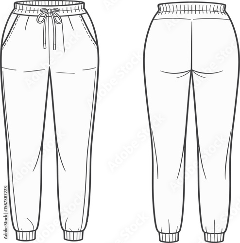 Front and back flat sketch of women jogger pants, technical fashion illustration, drawstring waist, cuff hem, casual wear design flat vector illustration