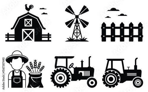 Agriculture and Farm Life Icon Set – Barn, Farmer, Tractor, and Harvest Symbols in Silhouette Style