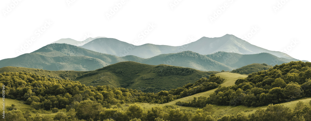 Fototapeta premium Panoramic view of lush green rolling hills and mountain ranges isolated on transparent background