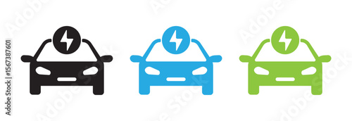 Electric vehicle charging icons. EV car with lightning bolt for sustainable transport