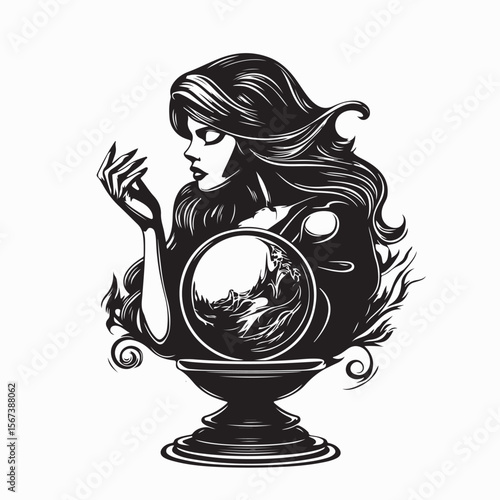 Fortune Teller Woman Staring Deeply Into Her Magical Crystal Ball Illustration