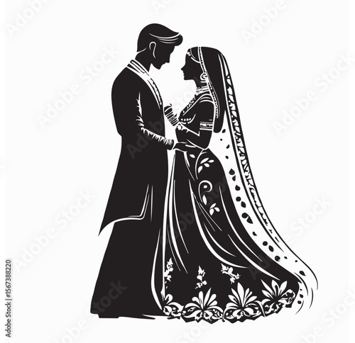 Indian bride and groom silhouette illustration vector isolated on white background.