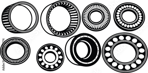 Vector art of a collection of various types of bearings, isolated on white background, illustrated in a technical drawing style.