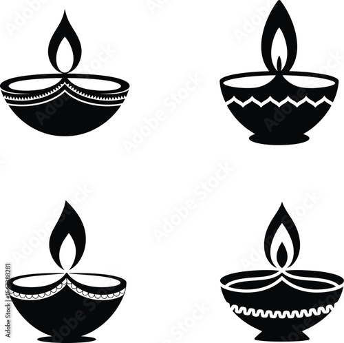 Traditional Diya Lamps Silhouette Set for Diwali and Indian Festival Celebrations