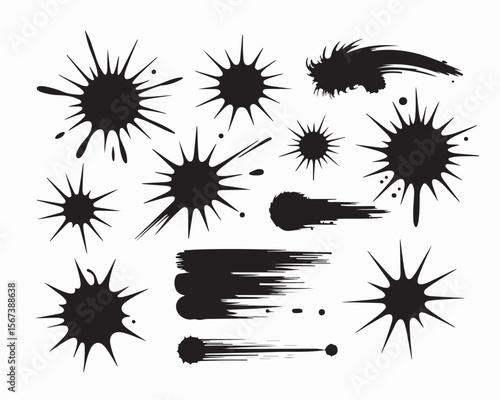 Explosion, crack, and bullet hole silhouettes in vector style. Damaged glass, shattered impact, and burst effects ideal for comic books, gaming, digital art, and action theme graphic design projects 