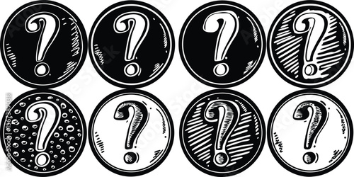 Vector art of a set of question mark icons in various styles, each within a circle, isolated on white background.