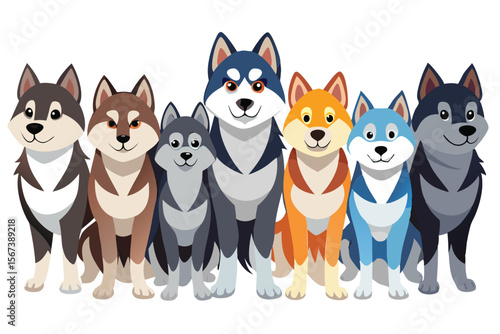 Six Adorable Huskies and Shiba Inu Dogs Sitting Together
