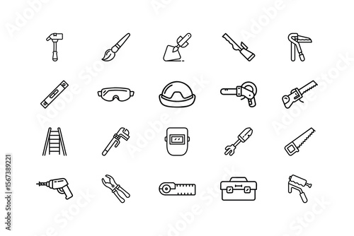 Collection of outline icons representing various construction and diy tools for projects