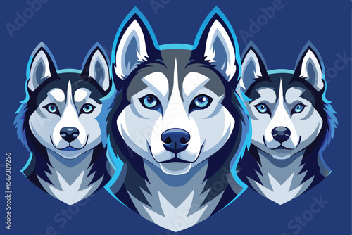 Three Blue Husky Dog Heads Mascot Logo Design