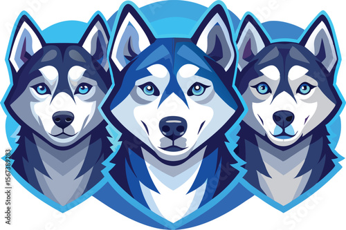 Three Majestic Husky Dog Portraits in Blue