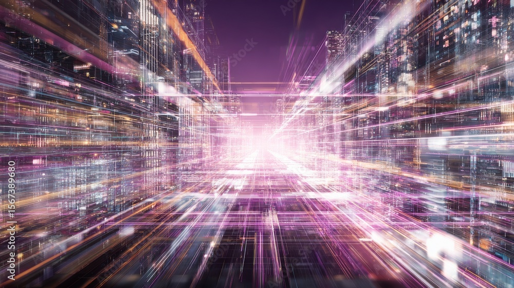 Fototapeta premium Futuristic digital cityscape with neon-lit vertical structures, intricate grid patterns, and dynamic light streaks in vibrant purples, pinks, and blues.