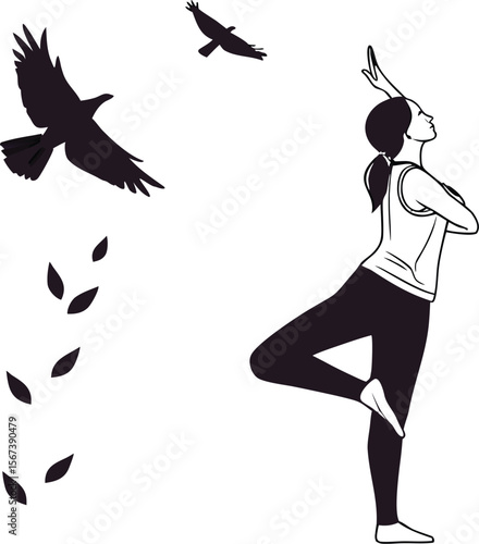 Yoga with Bird Flying Around Silhouette Vector