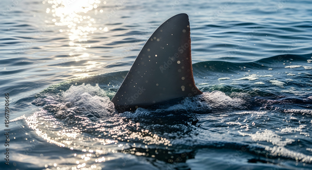 Fototapeta premium Shark Fin Rising Above The Ocean Surface Under Sunlight Reflection