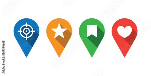 GPS location pin icons with target, star, bookmark, and heart symbol