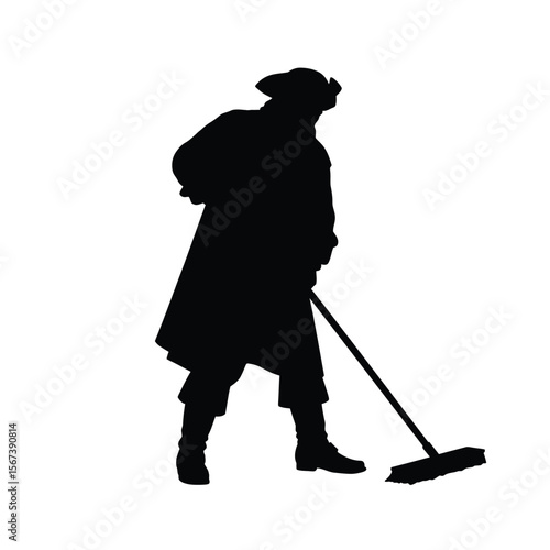 Black silhouette of a pirate swabbing deck with mop