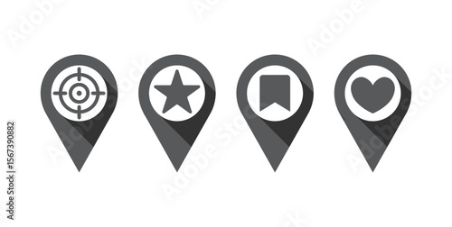 Free Download GPS location pin icons with target, star, bookmark, and heart symbol - GFXLoad