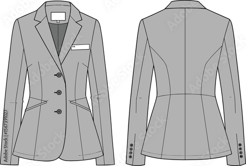 cad drawing flat vector illustration, tailored blazer front and back view, fashion technical sketch formal women’s jacket template
