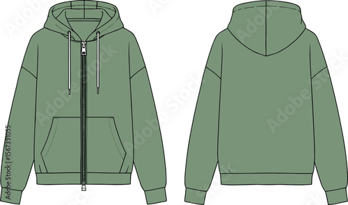 cad drawing flat vector illustration, front and back view zip up hoodie with pocket, fashion technical sketch casual sweatshirt