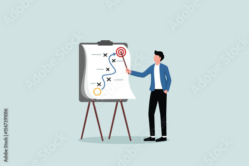 Business strategy planning, marketing tactic to achieve target, project blocker and solution to win and success concept, smart businessman presenting business winning strategy on whiteboard.