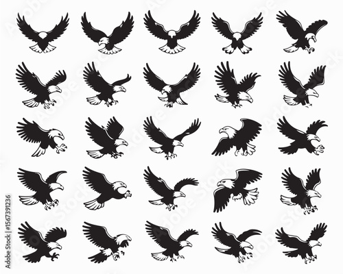 Eagle Vector Illustration Set, Black and White Silhouettes. Collection of 40 Different Eagle Poses, Perfect for Logos, Designs, and More.