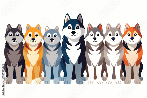 Six Adorable Huskies and Shiba Inu Dogs Sitting Together