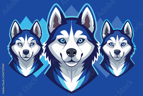 Three Blue Husky Dog Heads Mascot Logo Design