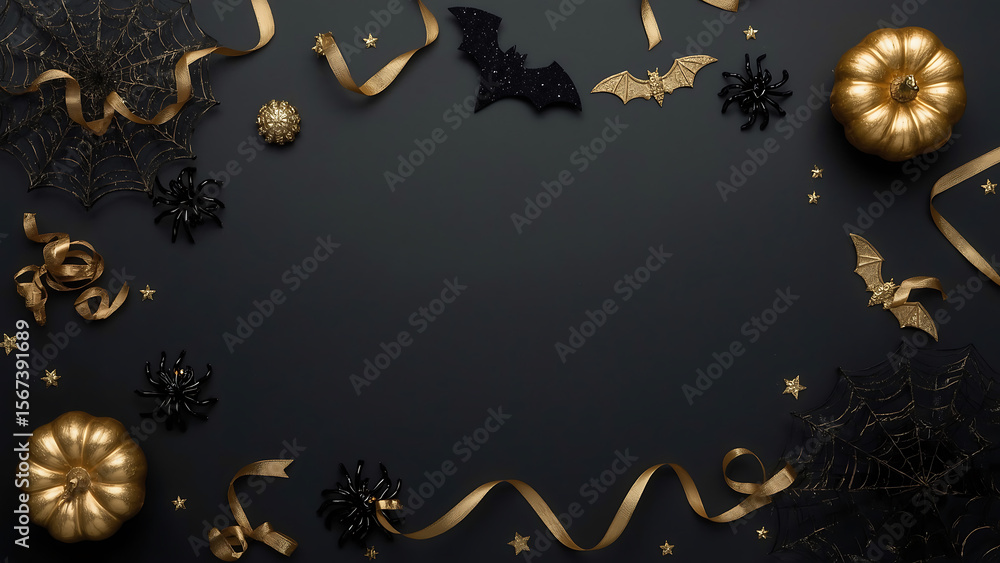 Fototapeta premium Halloween background with gold and black decorations on a spooky scene. Suitable for Halloween invitations, greeting cards, party flyers, and social media posts.
