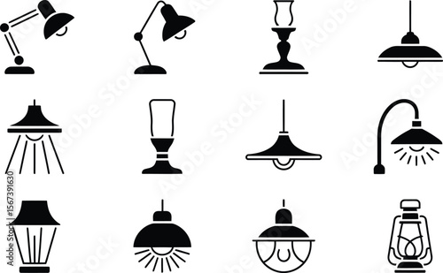 Black and White Lighting Fixture Icons Set Desk Lamps Pendant Lights