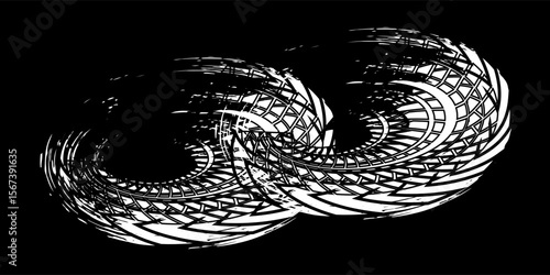 Tire tracks, motorbike wheel or car tread marks, grunge vector. Bicycle or motocross road rally tire tracks, speed motorbike racing rubber track pattern, traction tires in black.eps10