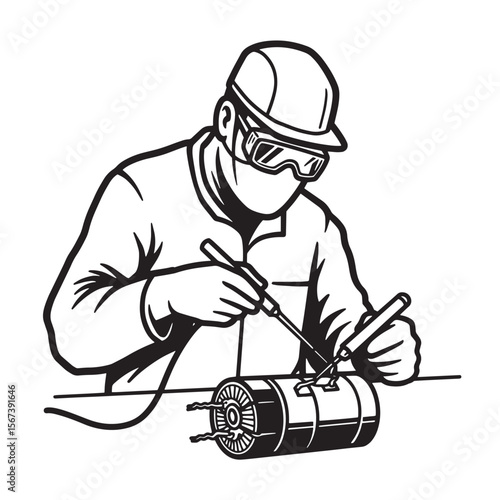 A skilled engineer uses soldering tools to repair a motor in a black and white illustration