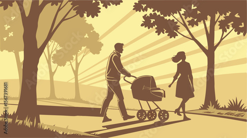 family walking with baby stroller in park