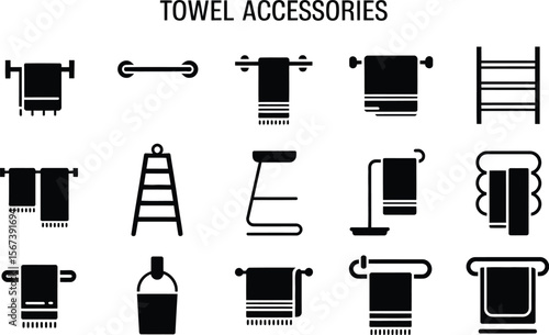 Black and White Bathroom Towel Accessories Icons Set