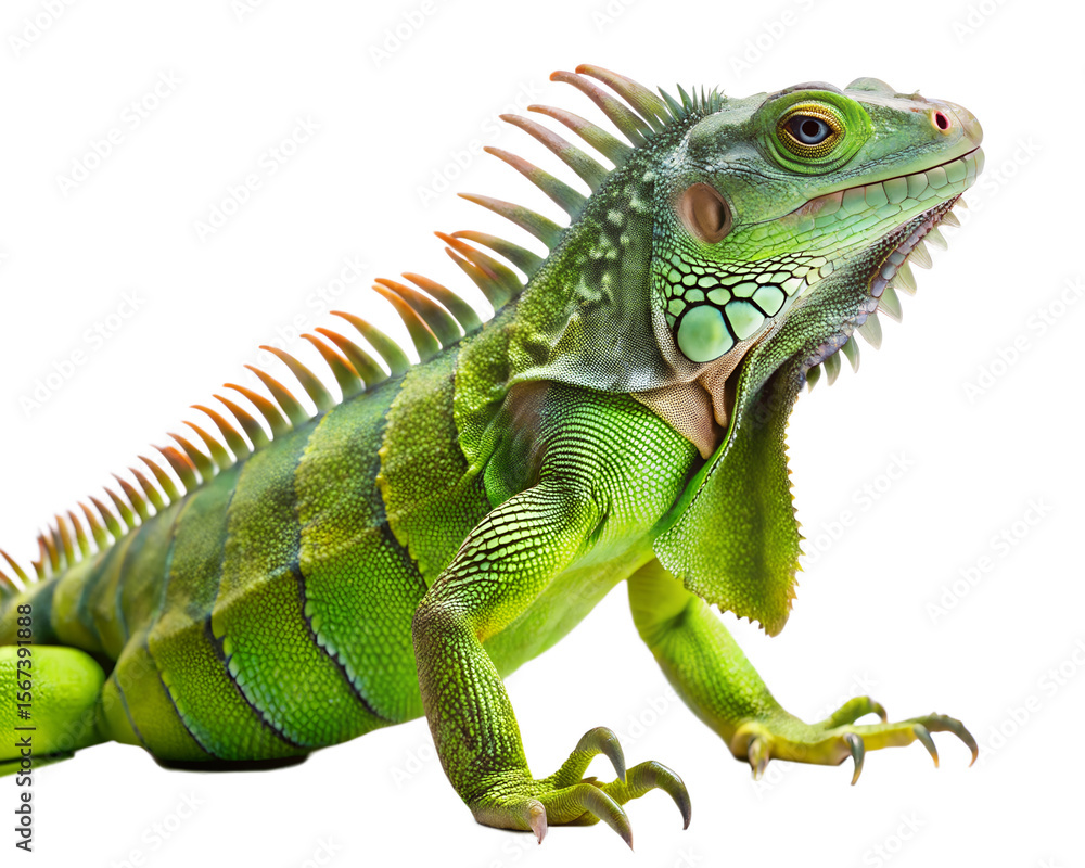 Fototapeta premium Vibrant green iguana with spiky dorsal crest isolated on white background