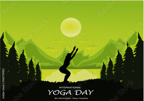 International yoga day vector illustration June 21. Woman doing yoga pose.