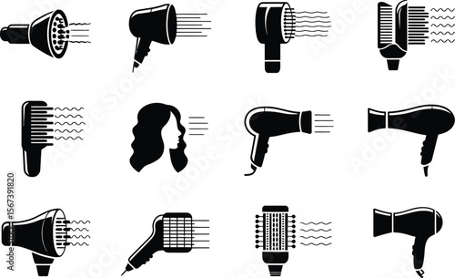 Black and White Hair Dryer Icons Set Styling Tools
