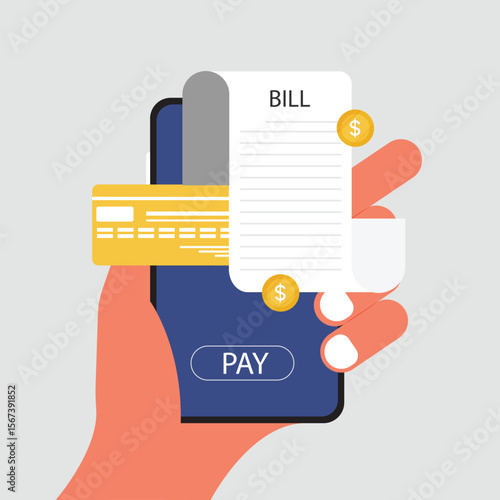Digital bill for mobile payment.  hand holding smartphone and check to pay for online 