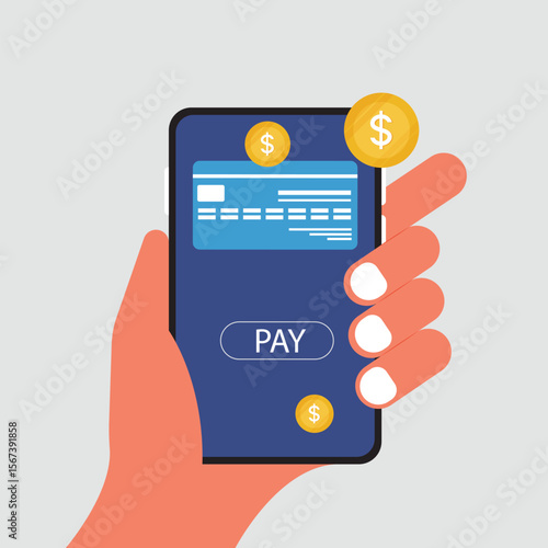 Mobile payments concept. Human hands holding smartphone with credit card pay app