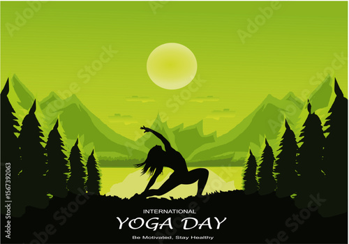 International yoga day vector illustration June 21. Woman doing yoga pose.