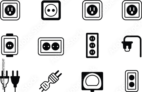 Electrical Outlets Plugs and Sockets Icon Set Black and White