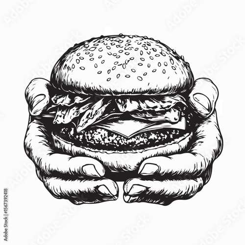 A person holding a hamburger in their hands image vector isolated on white background.