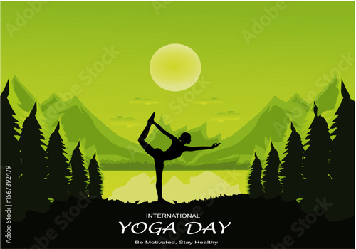 International yoga day vector illustration June 21. Woman doing yoga pose.