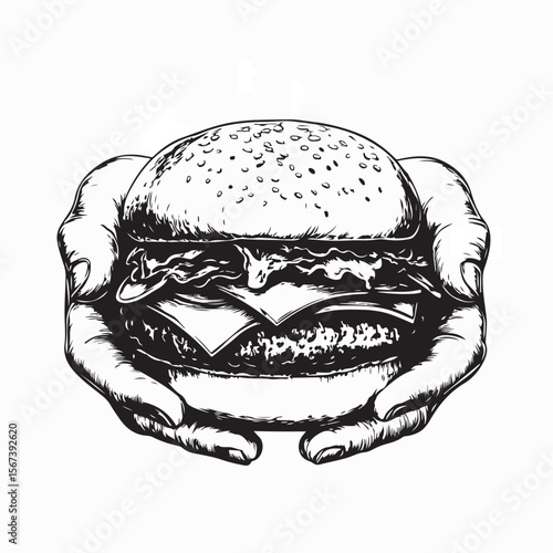 A person holding a hamburger in their hands image vector isolated on white background.